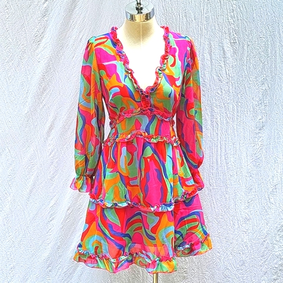 Ladies backless dress, v-neck, multicolor, sheer, lined, ruffle, boho,  M - Picture 14 of 14